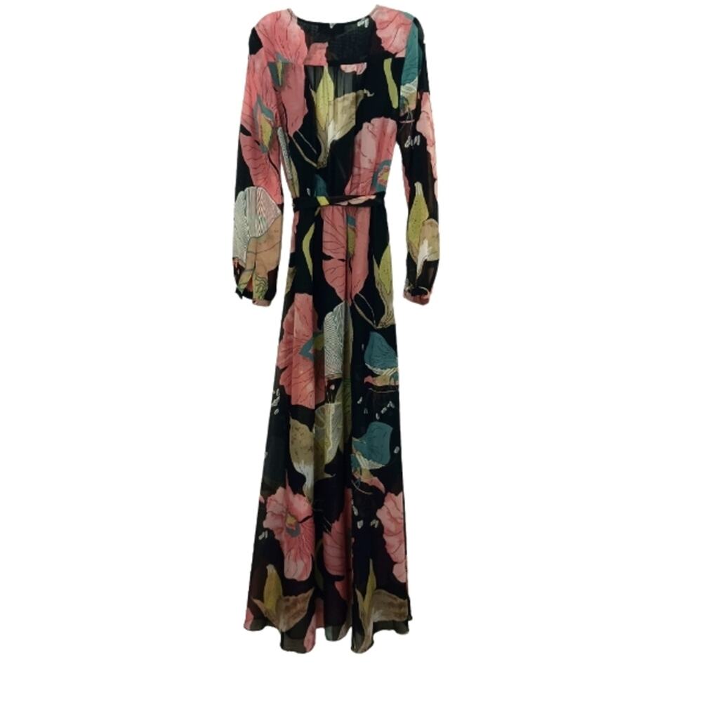 Anthropologie Aakaa Formal Maxi Dress Sz Small BLACK PINK Floral Wedding Elegant - Picture 8 of 15